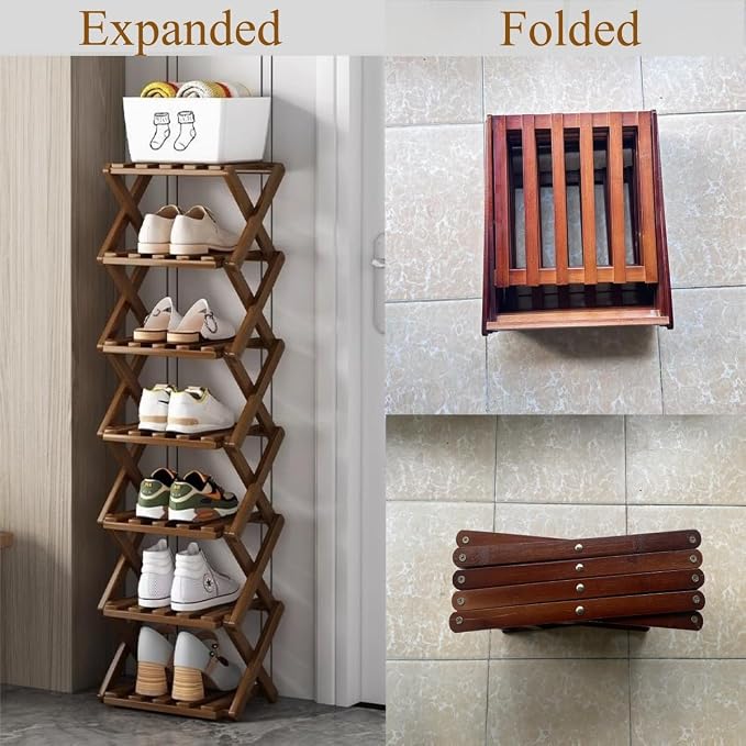 7 Tier Foldable Shoe Rack, Bamboo Vertical Shoe Organizer Tall - Image 5