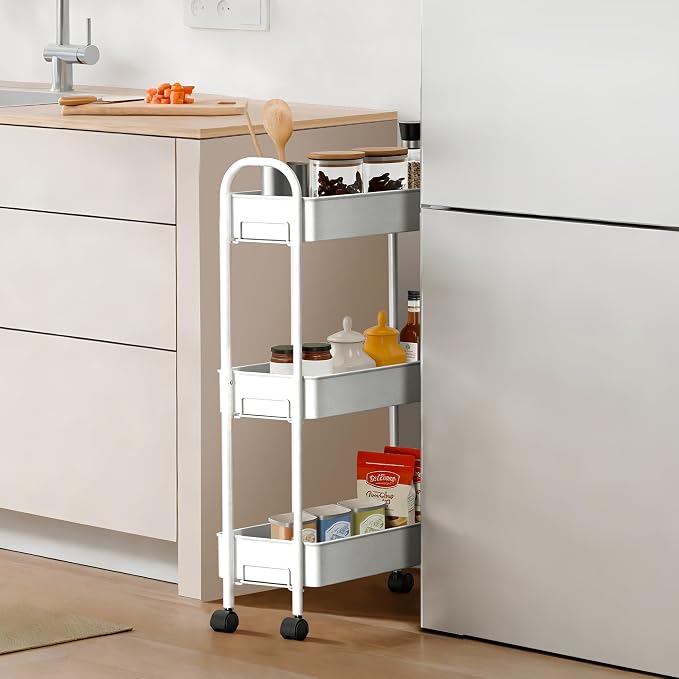 Slim Rolling Cart, Metal Frame Utility Rolling 3-Tier Narrow Storage Cart | - Image 3