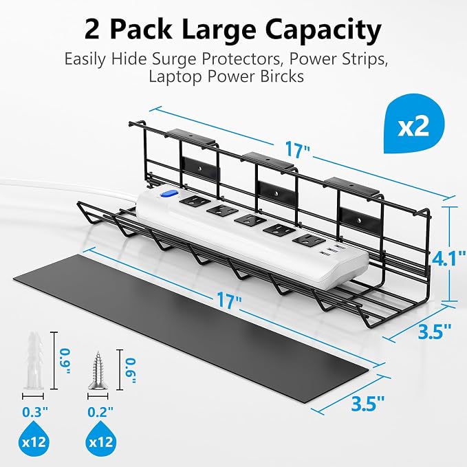 2 Pack DELAMU Under Desk Cable Management Tray, Metal Cord Cable Organizer - Image 3