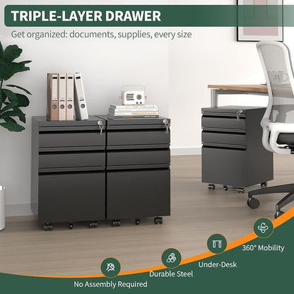 3 Drawer File Cabinet with Lock, Under Desk Rolling Small Filing Cabinet - Image 3