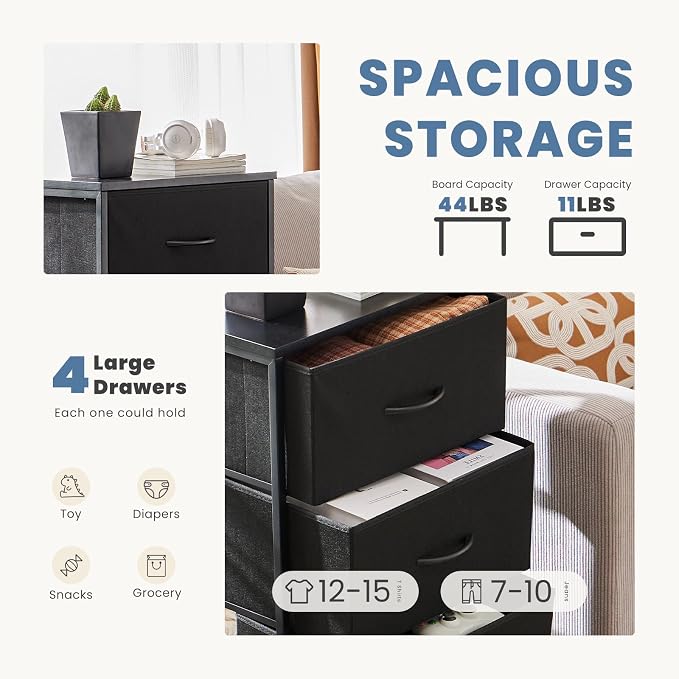 DUMOS Nightstand with 4 Drawers Bedside Table with Removable Fabric Bins Sturdy - Image 4