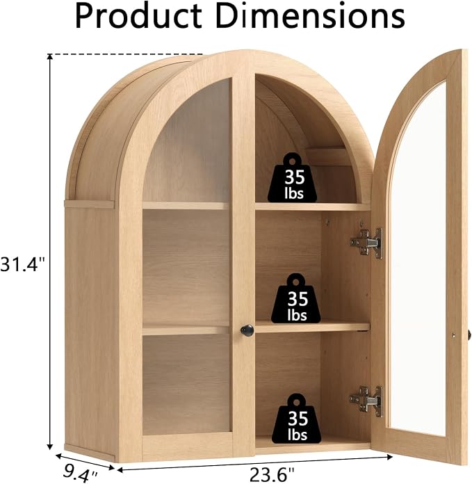 Bathroom Arched Wall Cabinet Over The Toilet Storage Cabinet, 23.5×31.4 Inch - Image 2
