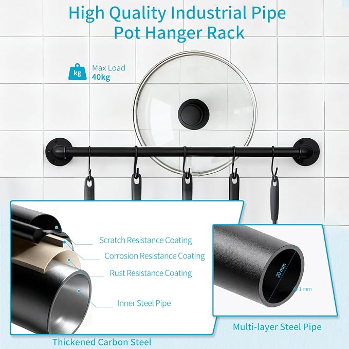 Pan Pot Lid Organizer Set of 2 Wall Mounted Industrial Pipe Kitchen Hanger Rack - Image 4