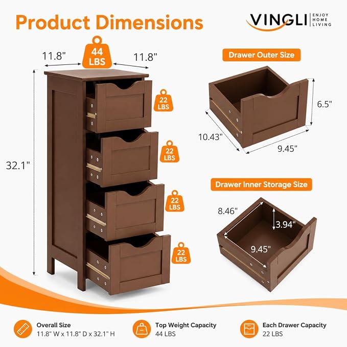 VINGLI 4-Drawer Bathroom Storage Cabinet, Slim Freestanding Floor Cabinet - Image 2