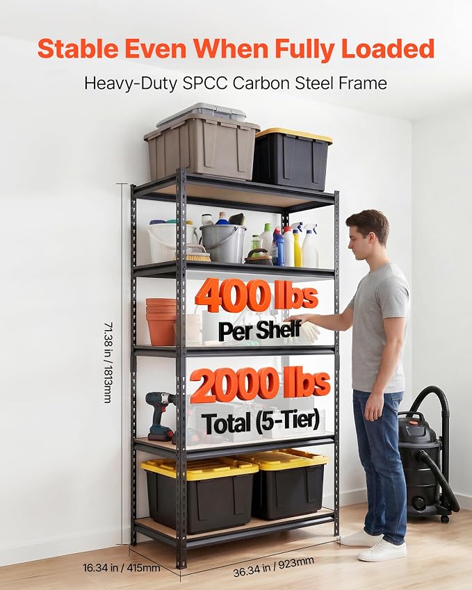 VEVOR Storage Shelves, 5-Tier Adjustable, 2000 lbs Capacity, Heavy Duty Garage - Image 3