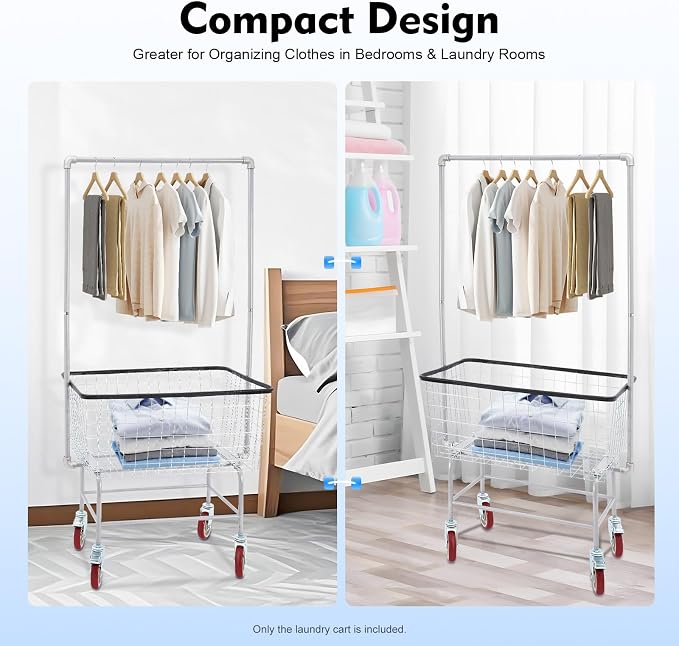 Wire Laundry Cart With Hanging Rack, 2.5 Bushel Wire Laundry Basket with Wheels - Image 5