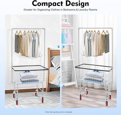 110LBS Commercial Steel Wire Laundry Cart Trolley w/Hanging Rack, 4 Universal - Image 6