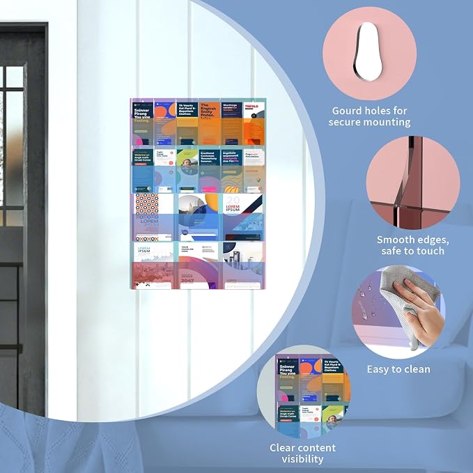 Iridescent Acrylic Wall Mounted Brochure Holder, 6 Magazine Holders and 12 - Image 6