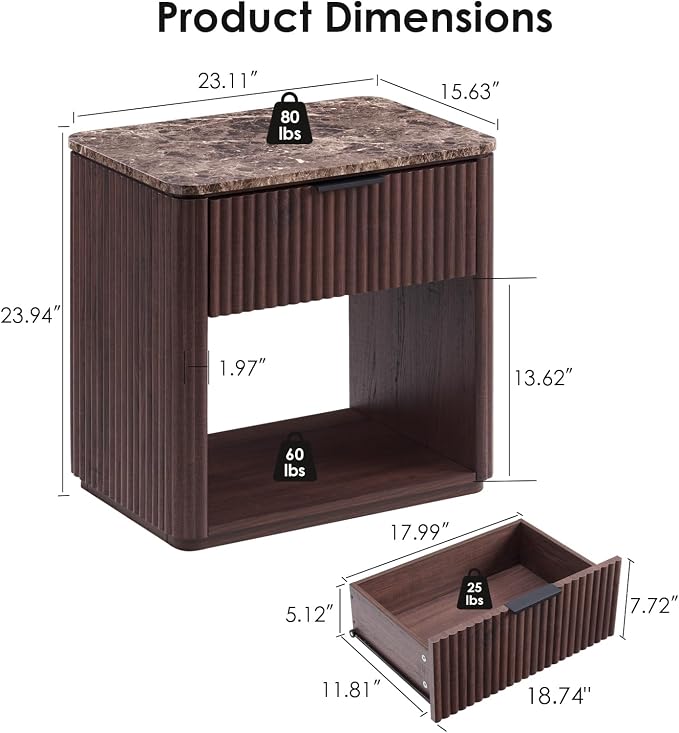 Fluted Nightstand Set of 2, Bedside Table - Image 3