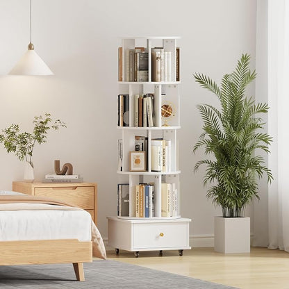 4-Tier Rotating Bookshelf with Drawers on Wheels, 360° Spinning Corner Bookcase by LSHUIZHU