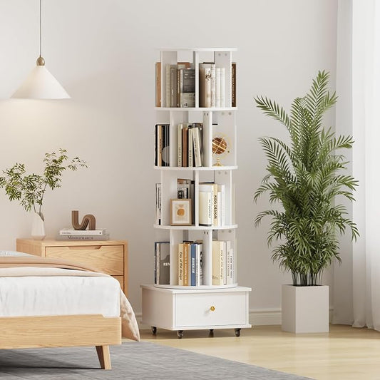 4-Tier Rotating Bookshelf with Drawers on Wheels, 360° Spinning Corner Bookcase by LSHUIZHU