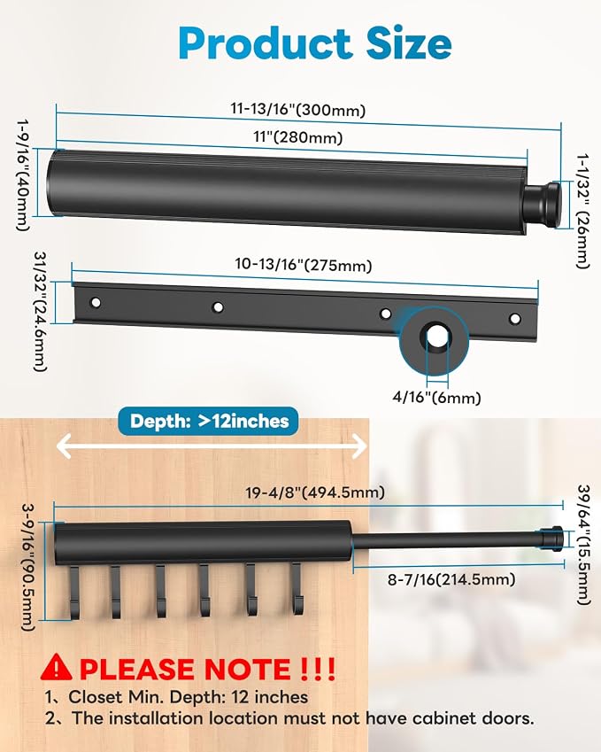 Pull Out Valet Rod, 12 Inches, 6 Hooks | Hidden Screw Design - Image 5