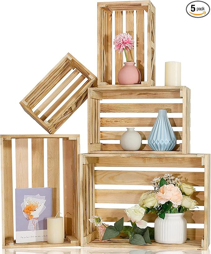 5 Pcs Wooden Crates for Display, Nesting Wood Crate for Storage, 5 Size | by BOYMCOWBOYHOMEDECOR