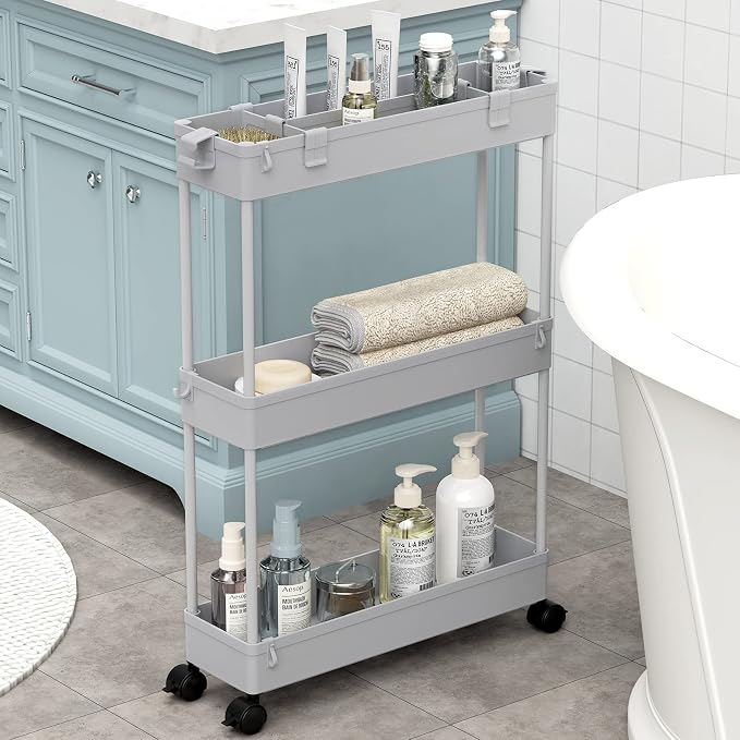 SPACELEAD Slim Storage Cart 3 Tier, Bathroom Organizer Rolling Utility by Home