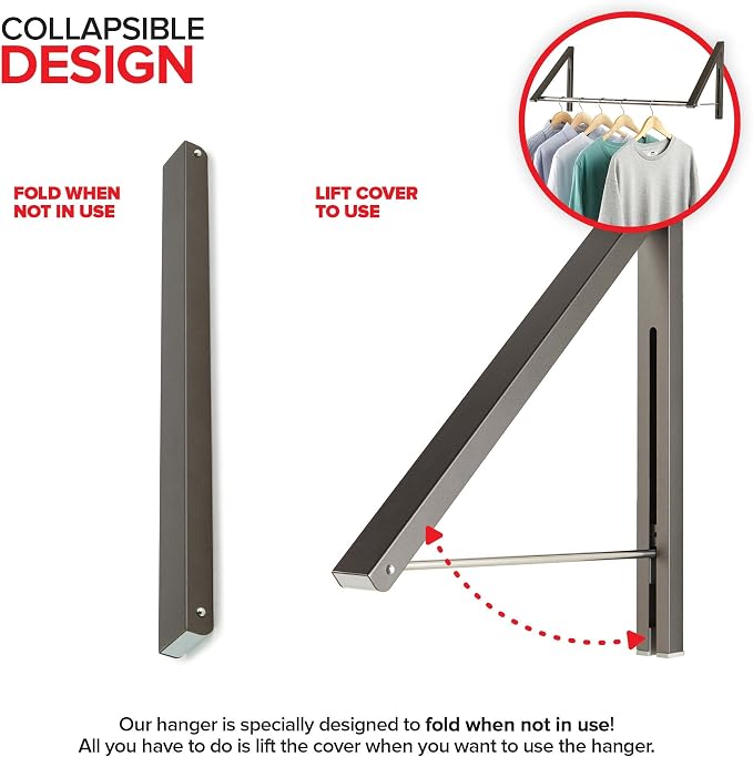 Double Foldable Clothing Rack w/ Extension Rod, Wall-Mounted Retractable - Image 3