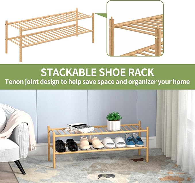 2-Tier Bamboo Long Shoe Rack, Free Standing Wood Shoe Shelf Storage Organizer - Image 6