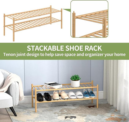 2-Tier Bamboo Long Shoe Rack, Free Standing Wood Shoe Shelf Storage Organizer - Image 6