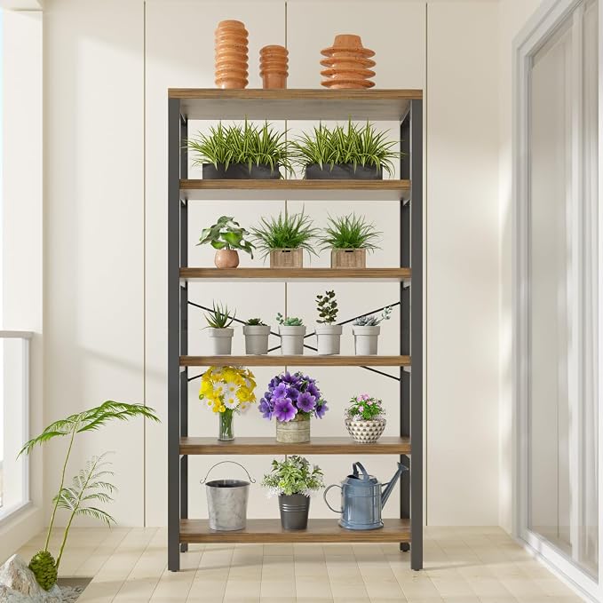 6-Tier Adjustable Heavy Duty Bookshelf, Industrial Wood and Metal Bookshelf - Image 7