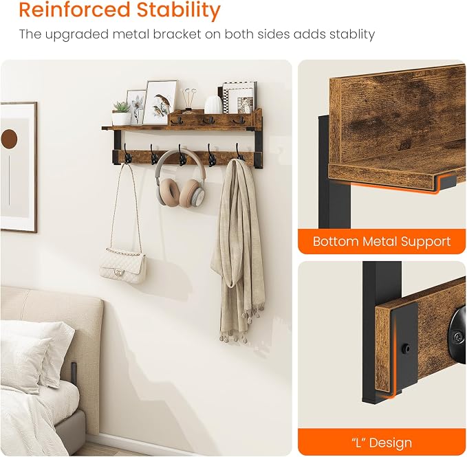 Homode Coat Rack with Shelf, Wall Shelf with Hooks, 26 Inch Long Coat Hanger - Image 4