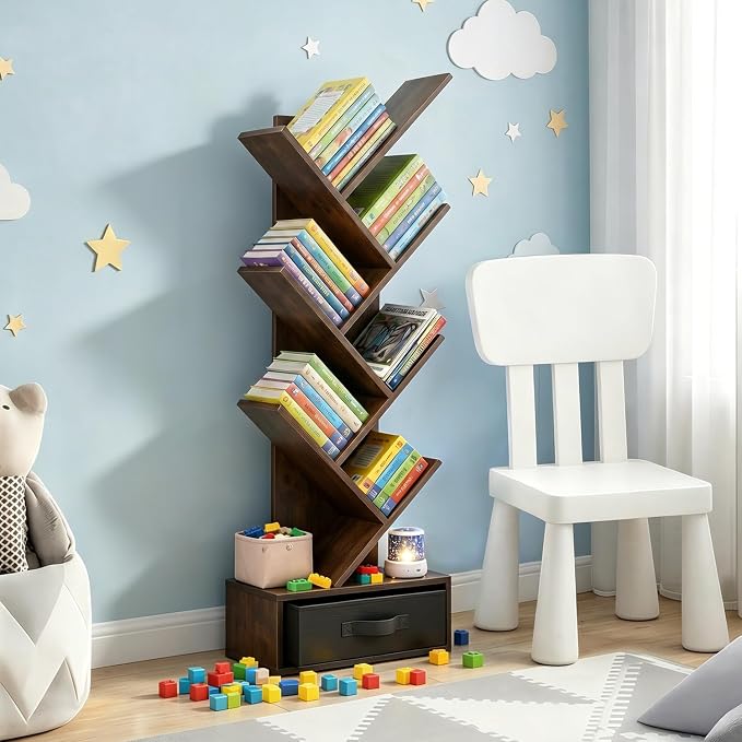 7 Tier Tree Bookshelf with Storage Drawer, Floor Standing Bookcase | Modern - Image 7