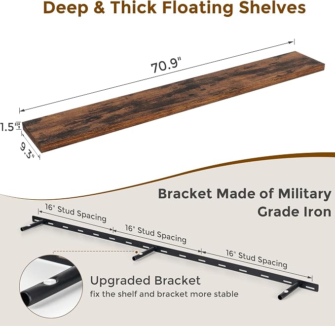 Fun Memories 72 Inch Floating Shelves, 72 x 9.3 Rustic Wooden Fireplace Mantel - Image 3