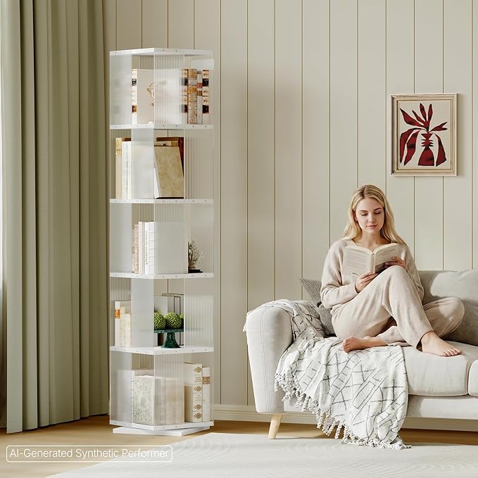 YATINEY 5-Tier Rotating Bookshelf, 360 Spinning Corner Bookcase Tower, - Image 2