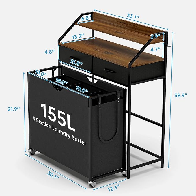 2 Tier Laundry Sorter with 3 Section Pull Out Bags Rolling Laundry Basket - Image 2