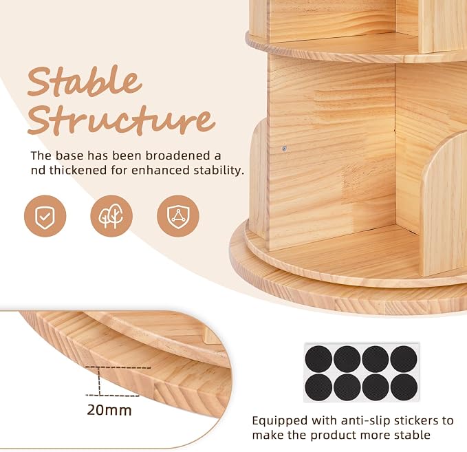 OOOK 4-Tier Solid Wood Rotating Bookshelf, Spinning Bookshelf - Image 6