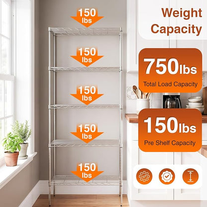 BestOffice | 5-Tier Wire Shelf | 14" x 24" x 60" | Chrome | Storage Shelves - Image 5