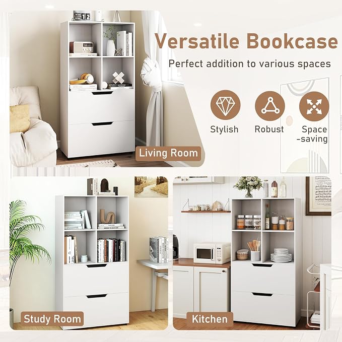 Giantex Bookcase with 2 Drawers, 51” Tall White Bookshelf w/4 Cubes, Anti-tip - Image 7