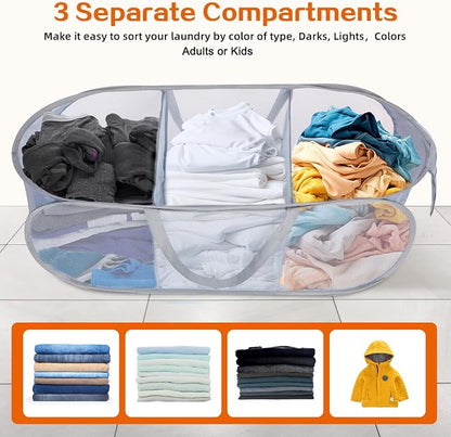 Durable Collapsible Foldable Pop Up Laundry Hamper, Sturdy 3 Compartments - Image 3