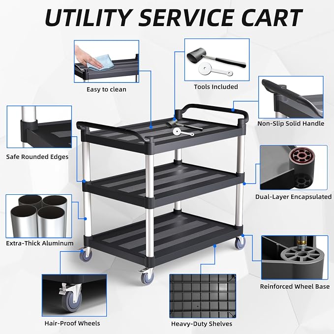 3 Tier Rolling Cart with Hair-Proof Wheels, Plastic Utility Service Cart - Image 8