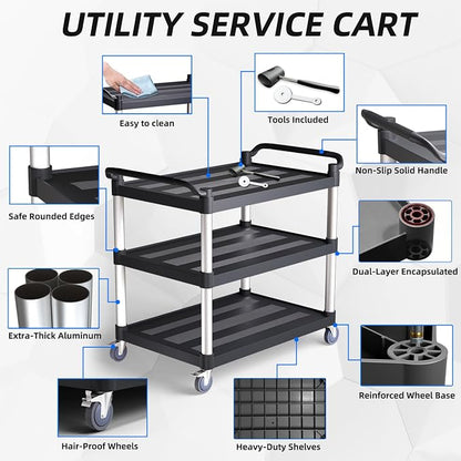 3 Tier Rolling Cart with Hair-Proof Wheels, Plastic Utility Service Cart - Image 8