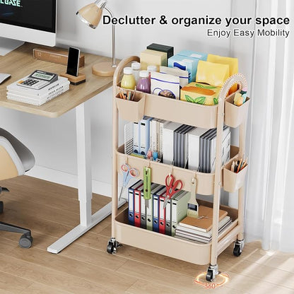 Beige 3 Tier Rolling Cart Metal on Wheels, Three Tiered Storage Organizer - Image 7