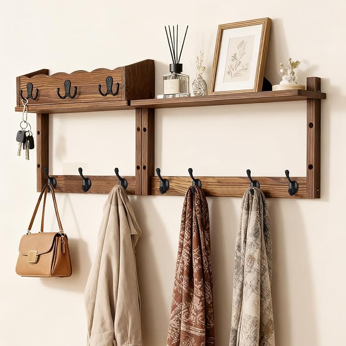 28" Coat Rack Wall Mount with Shelf with 7 Hooks 3 Key Hanger | Entryway Key by Unknown