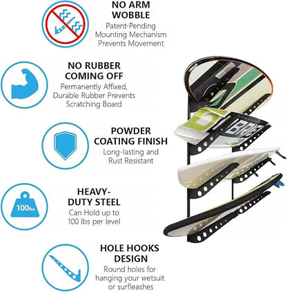 4 Board Surf Rack Wall Mount for Surfboard, Snowboard Storage Adjustable Wall - Image 2