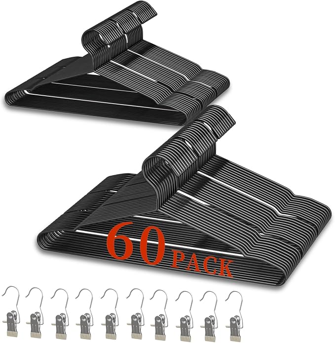 60Pack+10 Clips Luxurious Hanger Set, Upgraded Thicker 16.69" Heavy Duty Metal by ANJUBAN
