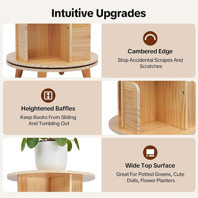6 Tier Rotating Bookshelf Tower, Solid Wood Bookshelf - Image 6