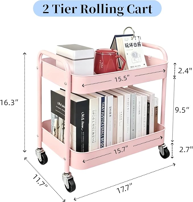 2 Tier Pink Rolling Cart with Wheels - Image 6