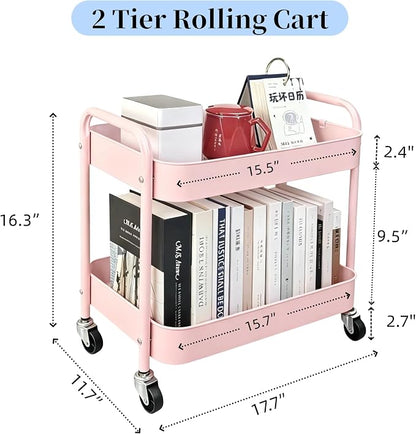 2 Tier Pink Rolling Cart with Wheels - Image 6