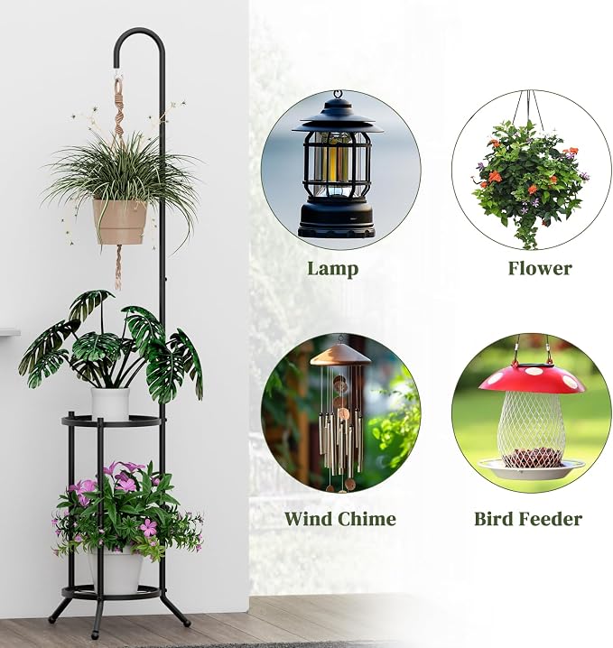 2-Tier Metal Plant Stand with Hanging Hook, Space-Saving Iron Plant Shelf - Image 5