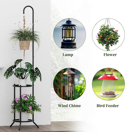 2-Tier Metal Plant Stand with Hanging Hook, Space-Saving Iron Plant Shelf - Image 5