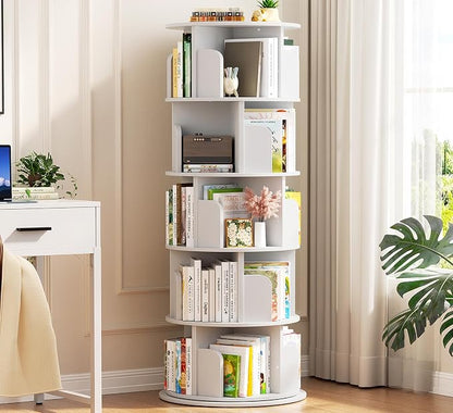 Aheaplus 5 Tier Rotating Bookshelf, Wood Spinning Bookshelf Tower, Round by Aheaplus