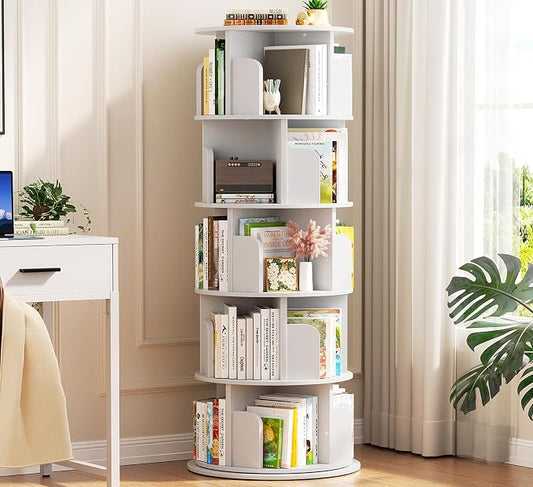 Aheaplus 5 Tier Rotating Bookshelf, Wood Spinning Bookshelf Tower, Round by Aheaplus