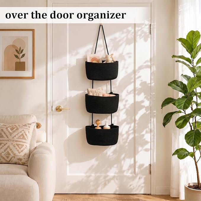 TeoKJ Over the Door Hanging Basket, 3-Tier Woven Cotton Wall-Mounted Storage - Image 2