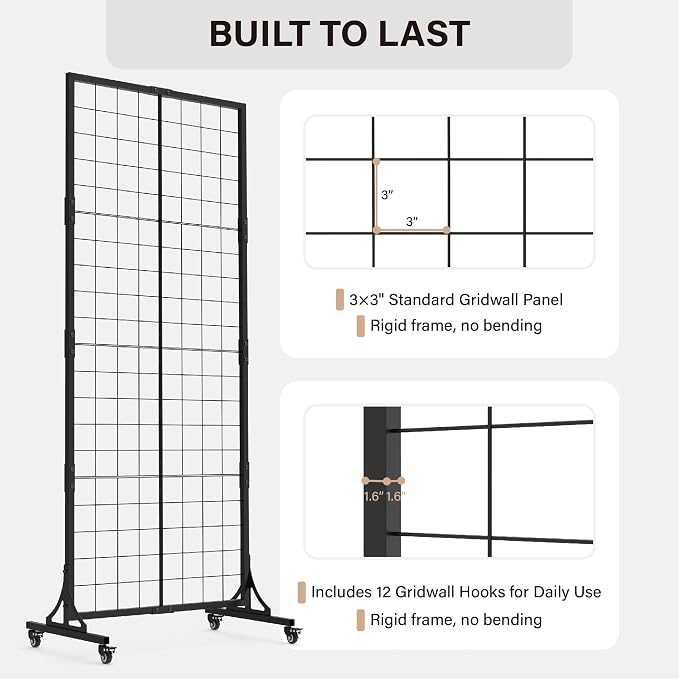HUHOLE Gridwall Panel Display Stand, 2.2' × 5.2' Ft Movable Grid Wall Panel - Image 3