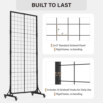 HUHOLE Gridwall Panel Display Stand, 2.2' × 5.2' Ft Movable Grid Wall Panel - Image 3