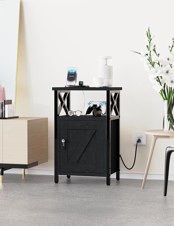 runjuly Wooden Nightstand with Lock Cabinet and Charging Station, Lockable - Image 7