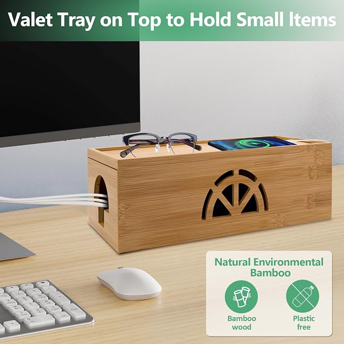 Bamboo Cable Management Box, Extra Large Cord Organizer Box, Power Strips Hider - Image 4