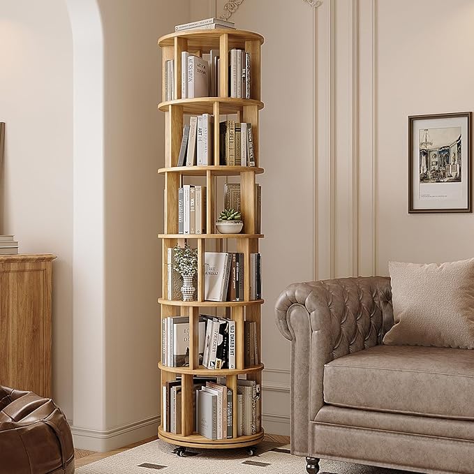 IUNVR Rotating Bookshelf, 6 Tier Solid Wood Bookshelf Tower by IUNVR